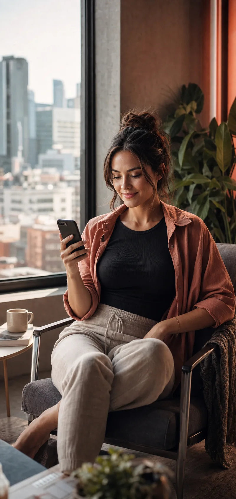 Adult woman reading a supportive message on her phone